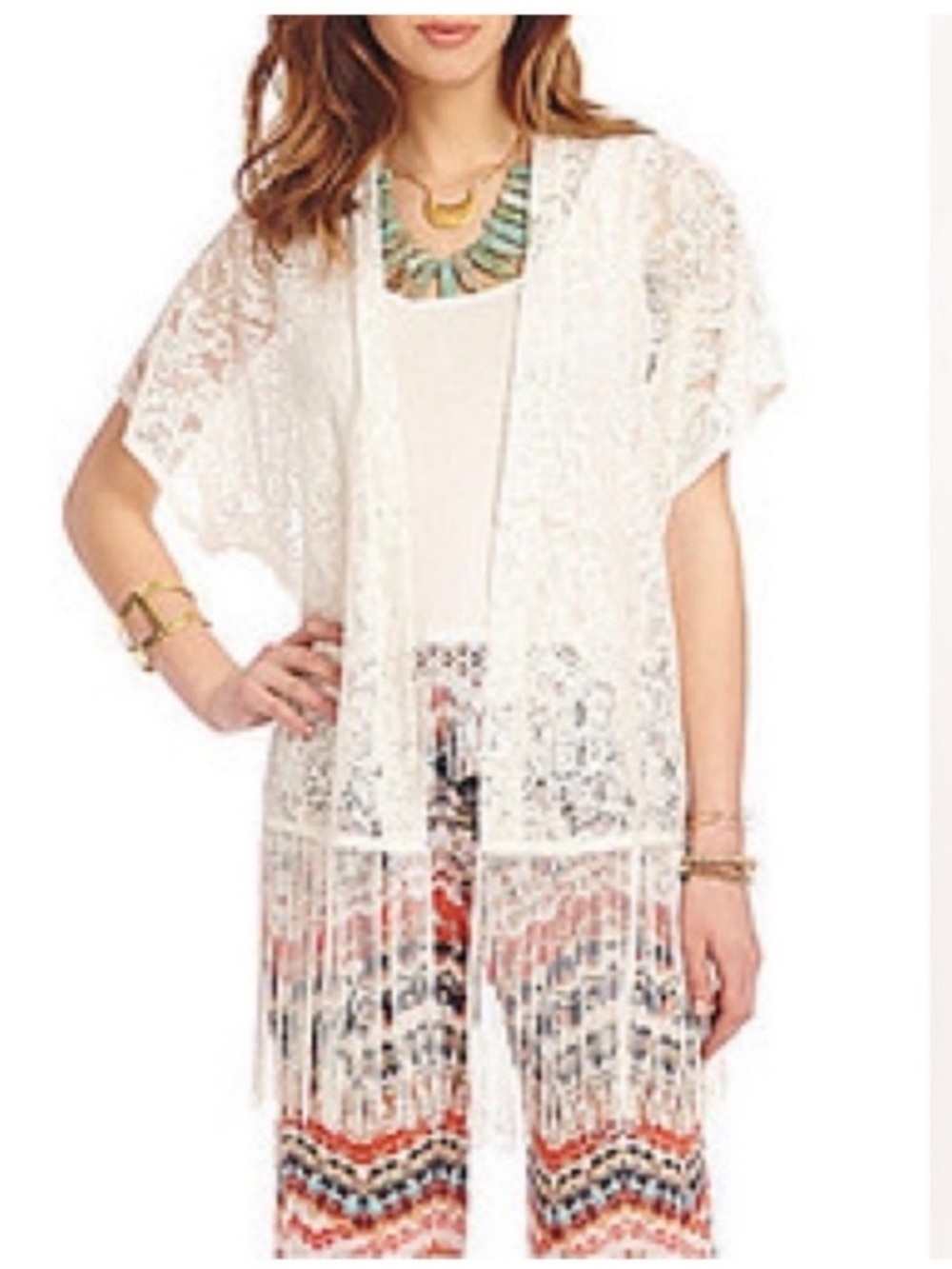 Siren Lily Maternity Fashion Floral Lace Fringe Hem Kimono Tunic. L. NWT.